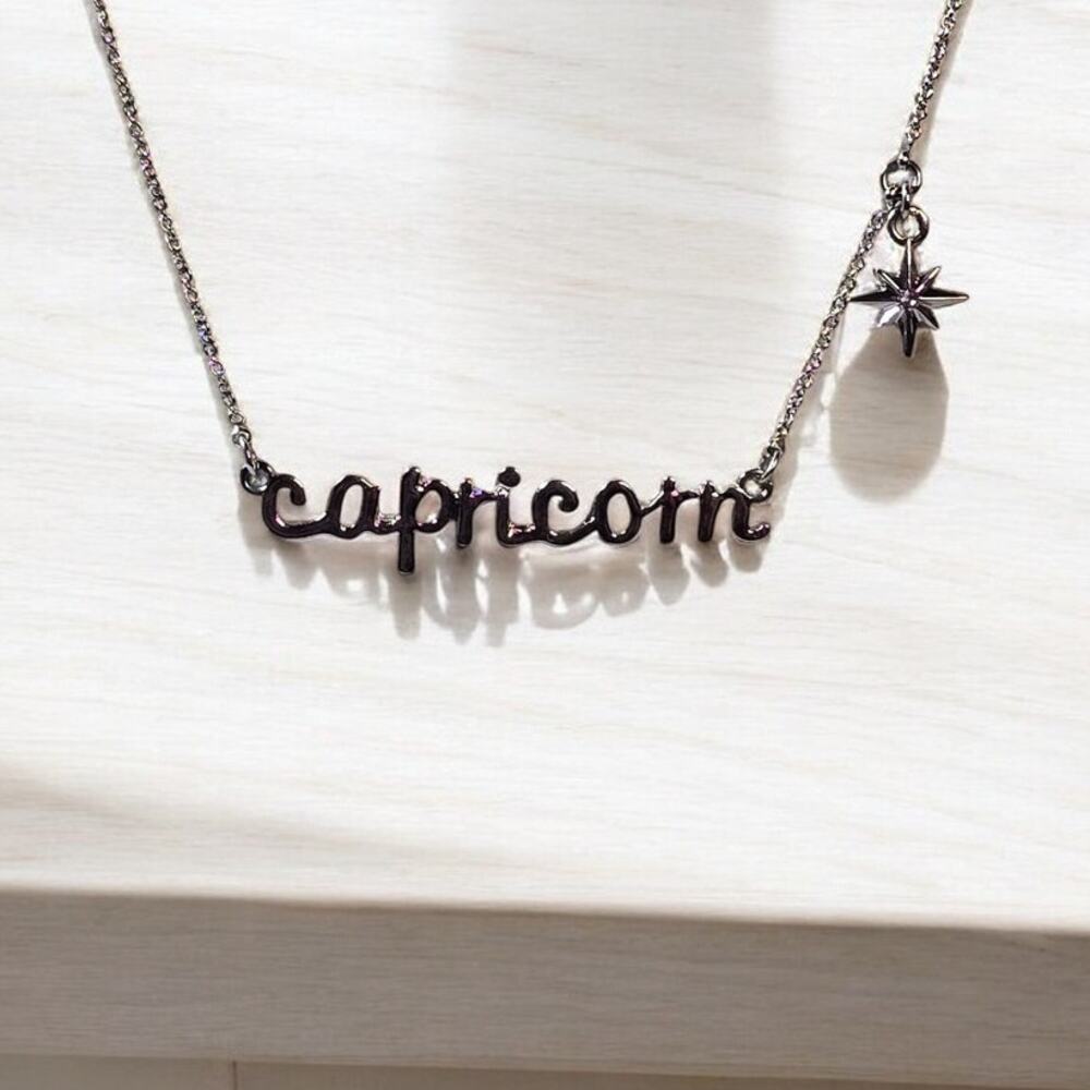 Capricorn Name Necklace Silver Script Zodiac Necklace Celestial Charm Minimalist
